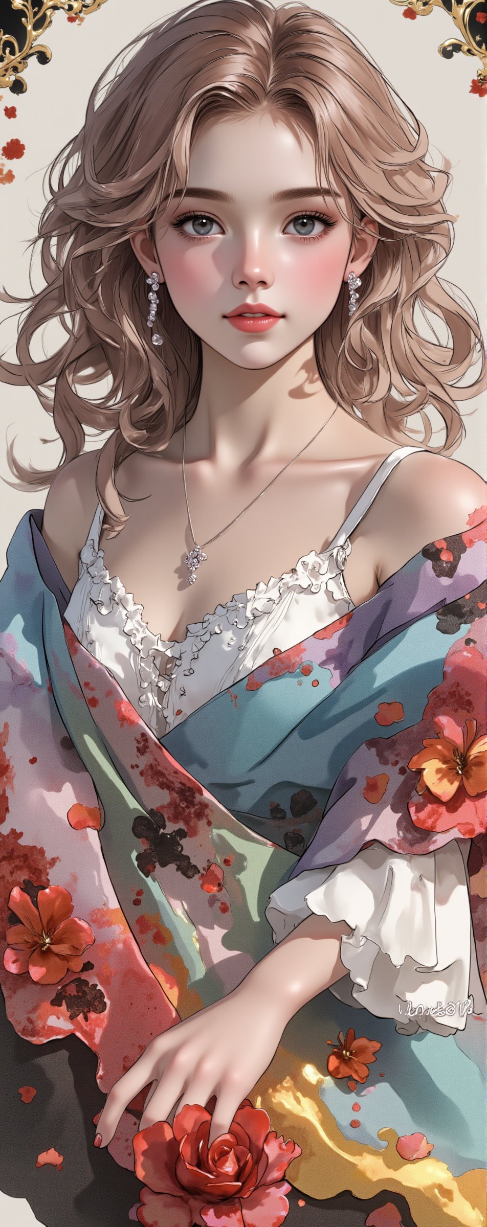 Illustration of a beautiful and charming 19 year old woman with dream elements,  light red,  light black and rainbow cryst...