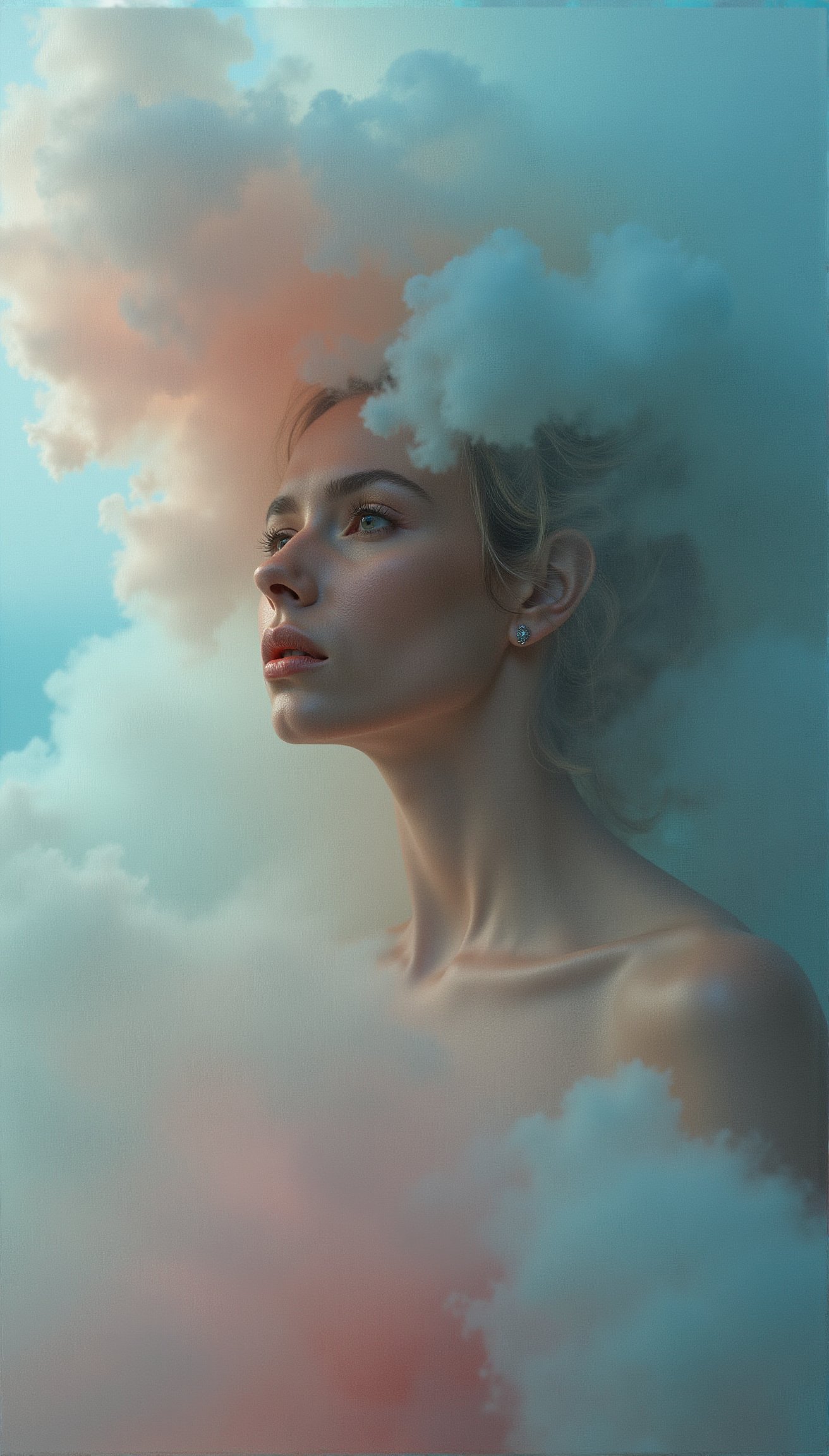 Portrait of a woman covered with smoke clouds, tornado, pastel highlighted colors, pastel makeup, pastel hints, hazy, seductive, sensual, stunning, oil painting style, art, aesthetic modern art, surrealism. (Best quality, 8k, Masterpiece, Photorealistic, UHD: 1.2), Natural medium breasts, wide hips, slim padding, tall body, soft textures, highly detailed, beautiful long padding, lots of lighting, ray tracing , photon mapping, detailed eyes, detailed facial details, detailed real skin textures, detailed fabric textures, detailed backgrounds, m4rg0t