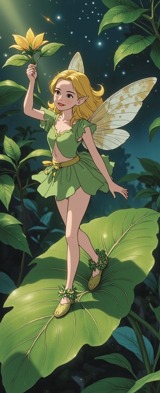 In the jungle. On a large leaf,  there is a cute little female elf. She is wearing flower clothes and shoes made of small...