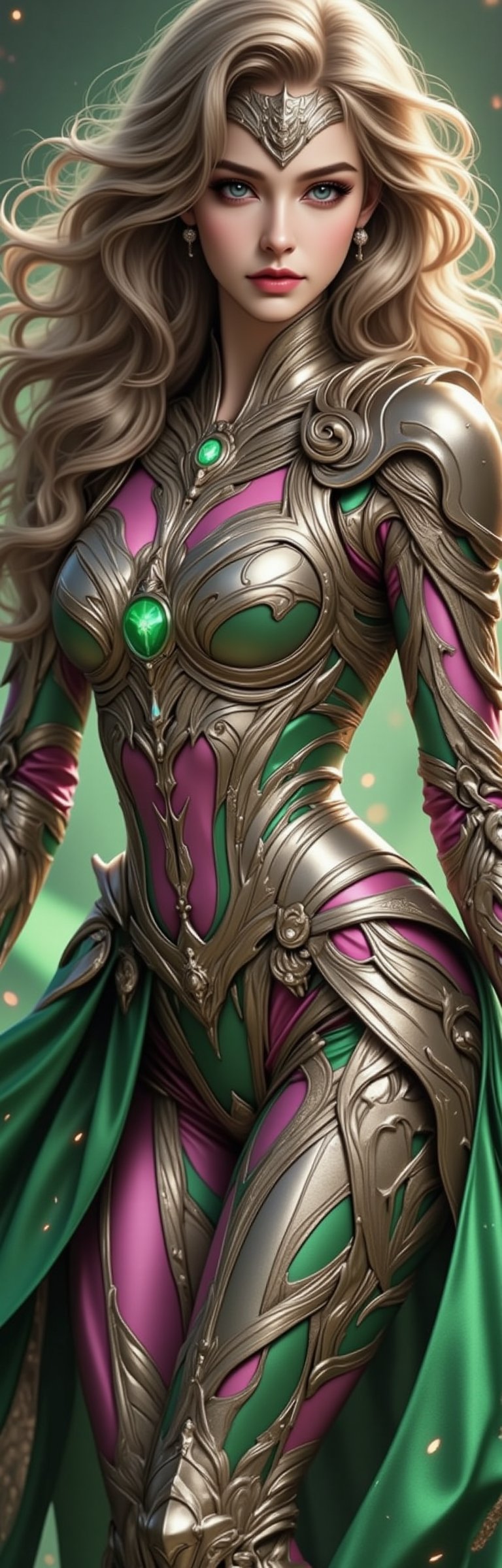 (Extremely detailed 128k wallpaper),  full body photo of superpower superwoman in silver and green,  she is beautiful by A...
