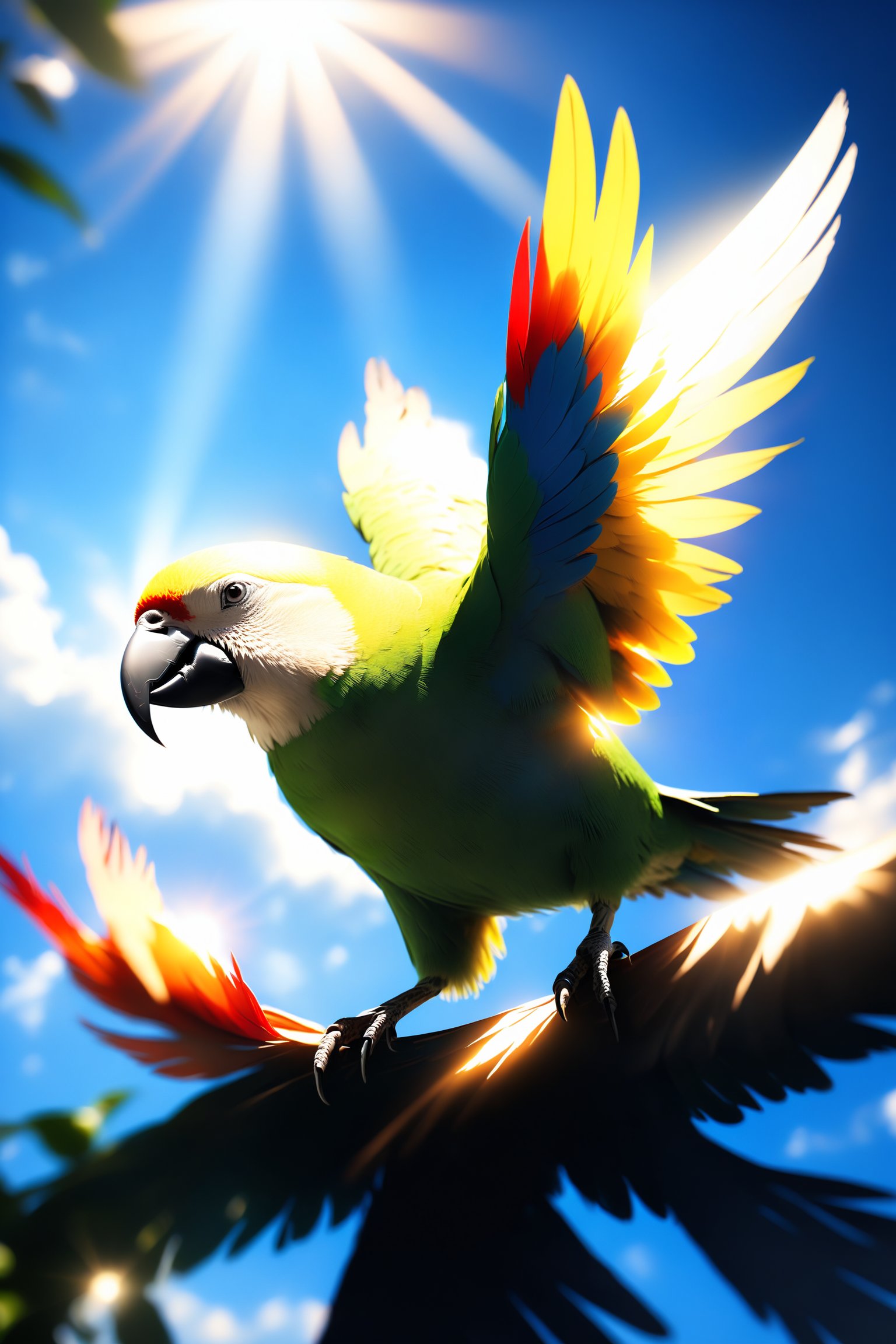 A serene background featuring a parrot soaring freely against a vibrant blue sky. The parrot's exquisite feathers glisten beautifully under the sunlight, creating a stunning backlight effect. The scene captures a cinematic, realistic photography style with a focus on depth of field, highlighting the interplay of light and shadow, resulting in a masterpiece.