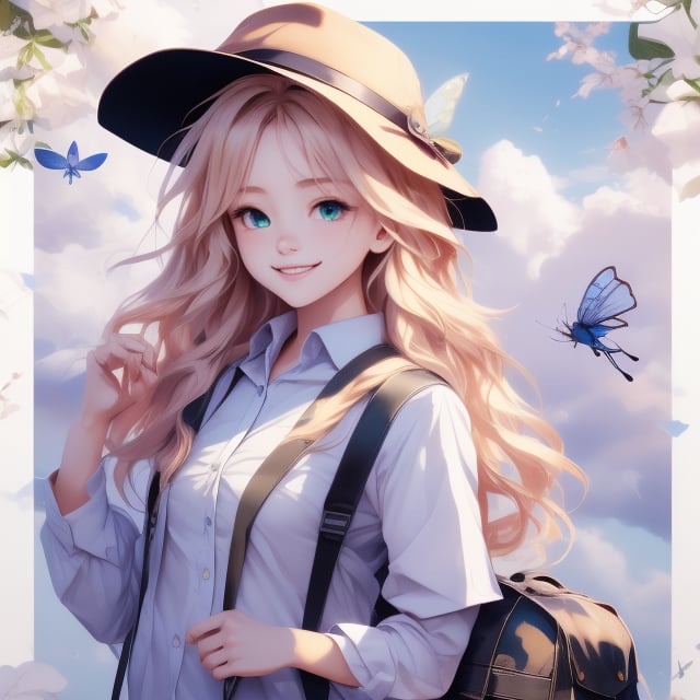 Close-up in anime style, a beautiful girl with big, lively eyes with long eyelashes, has beautiful long golden wavy hair with shiny texture, wearing a hat and carrying a backpack. . The girl is smiling directly at the audience. She is completely dressed in work clothes, but she is wearing the posture of a big star. All the lines of her body, including the objects on her body, are shining, just like LED lights, full of streamlined beauty. . She became the most visible target before the crowd. Blue sky and white clouds, green trees, quiet river, butterflies, dragonflies, birds and frogs seem to be playing a symphony. It reflects the beautiful wonders of summer night and is extremely beautiful. What a masterpiece. Light and shadow. The anime style details are extremely detailed and beautiful. whole body. Vadimka new style.,more detail XL,aesthetic portrait