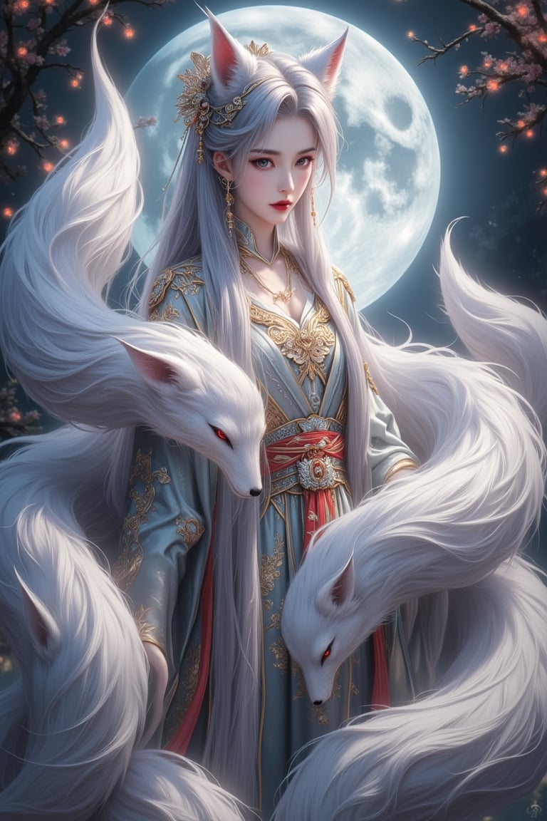 A beautiful and captivating woman takes the form of a silver fox,  a mythical creature capable of transforming into a huma...
