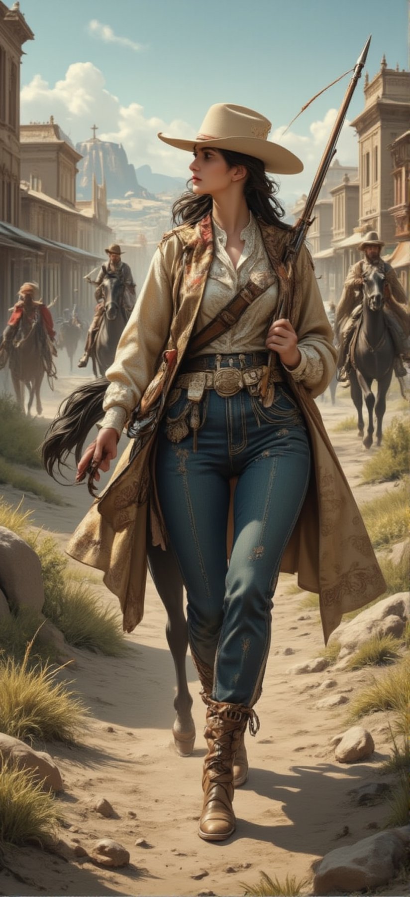 On the journey to expand the wilderness, a beautiful and charming American girl was wearing a cowboy outfit from the 1881 AD era. She had two mid-length guns and a cowboy belt on her belt. She also had a magazine on her belt. She was wearing a cowboy hat because the sun was very bright. But her facial features are exquisite and three-dimensional, her face, tall and well-proportioned figure look beautiful in jeans, and her identity is very mysterious. That era was very barbaric and life was difficult, so her white and tender skin attracted everyone's attention. Everyone is coveting her beauty, but her spear skills are very good and she has martial arts, so everyone only dares to look at her. A girl is riding a black horse. She is very strong. She is holding the horse's rope and walking. Walking through the villages and towns, the landscape of the villages and towns is still very distinctive with retro western-era buildings and desolate landscapes. Cowboy shooting, westernism. American retro art. Brutalist style.