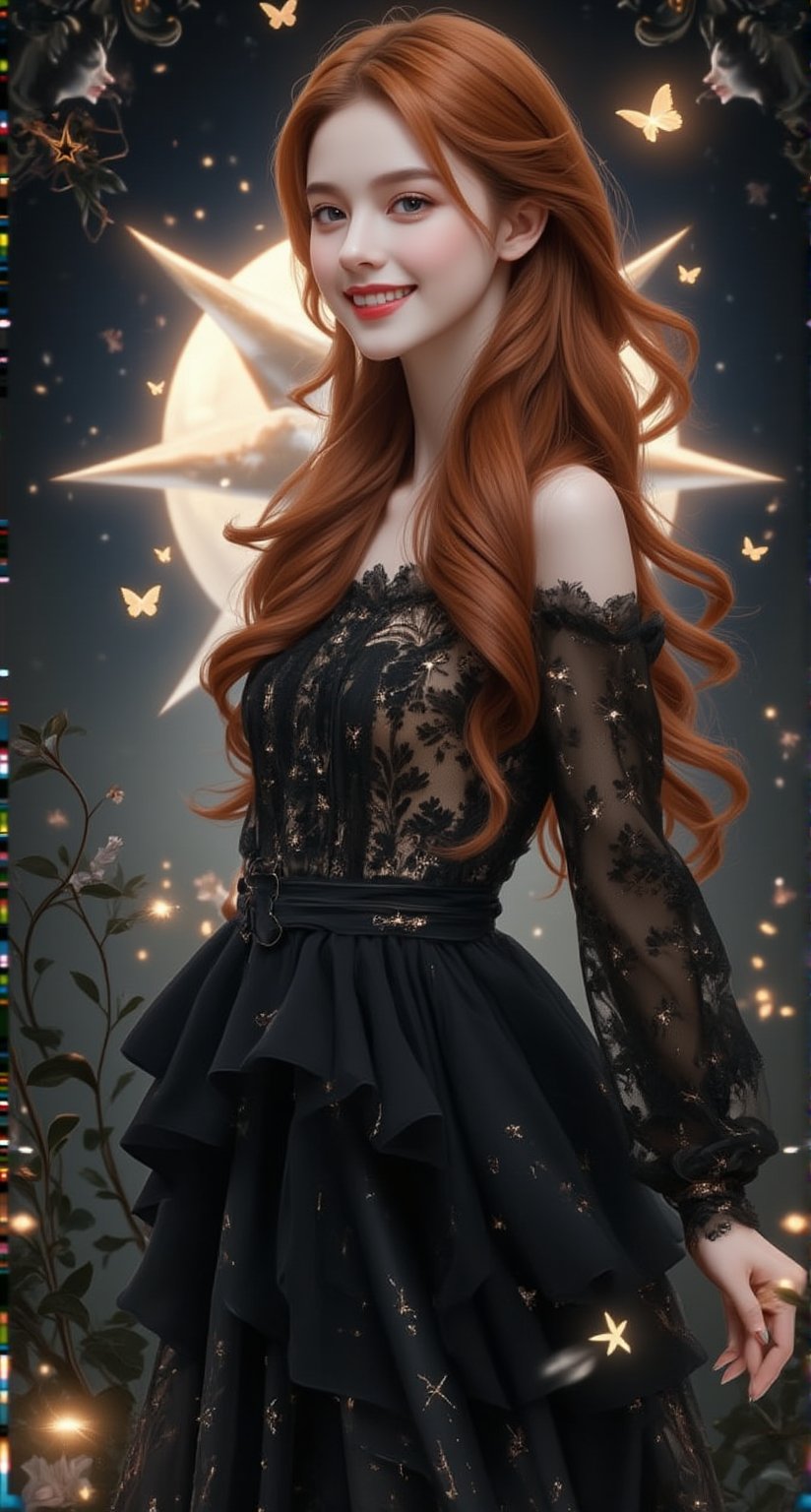 A beautiful and charming French witch girl with a charming smile, with long random red wavy hair, wearing a black lace layered dress made of soft velvet material. The dress is embroidered with star patterns and has an elegant texture. The background is simple with a double exposure of a moonlit scene within a star shape. She holds a magic wand in one hand and puts the other to her cheek and smiles. It uses multiple effects, random focus and depth of field, and is surrounded by glowing butterflies and small flowers. The slender frame decoration creates a bright atmosphere. ,Fantasy Girl,VNS_Add more details,colors,new rococo art.,Enhanced all