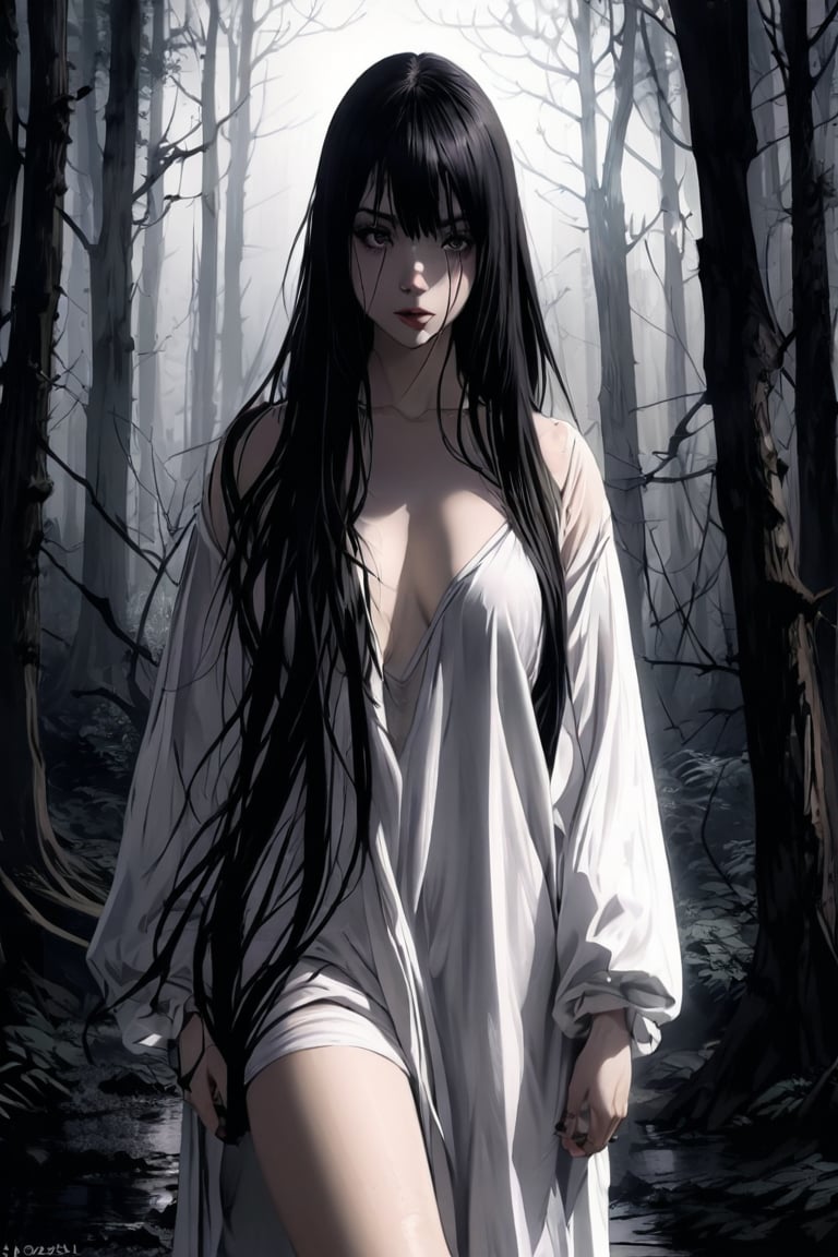 (The Ethereal Dark Story by Tim Searle), young anime yuri girl with hazel eyes, black over white smoke layer, long straight black hair covering one eye, long black hair, wearing loose pure white Cotton pajamas, hair covering eyes, pale skin, bare feet, dynamic pose in dark forest, dark + gothic, + foreboding background: 1.4), more details XL, dark halo, anime style, black and white ink splash design . A masterpiece, cinematography of the highest order. Official art.