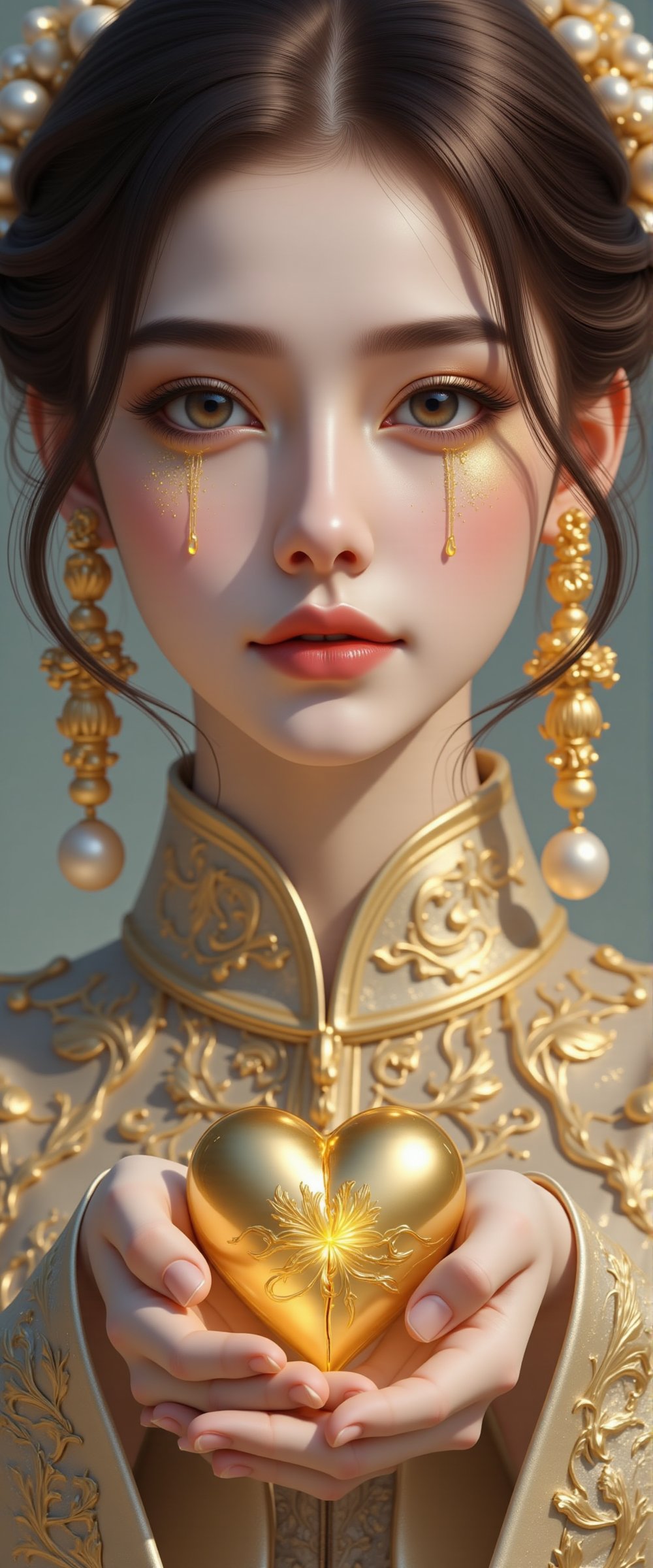 A beautiful and charming woman holds a heart-shaped gold heart in her hands (metal reflection).She sadly looked at the pur...