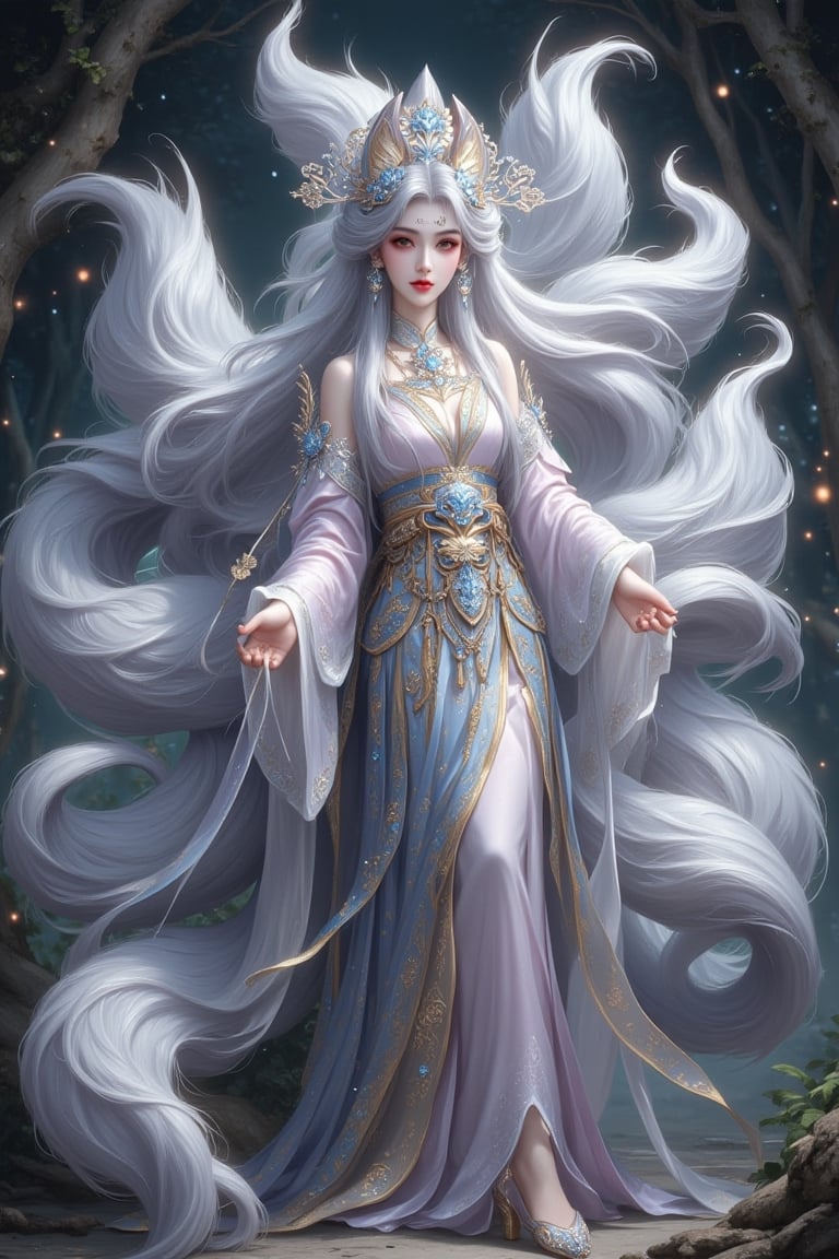 A beautiful and captivating woman takes the form of a silver fox,  a mythical creature capable of transforming into a huma...