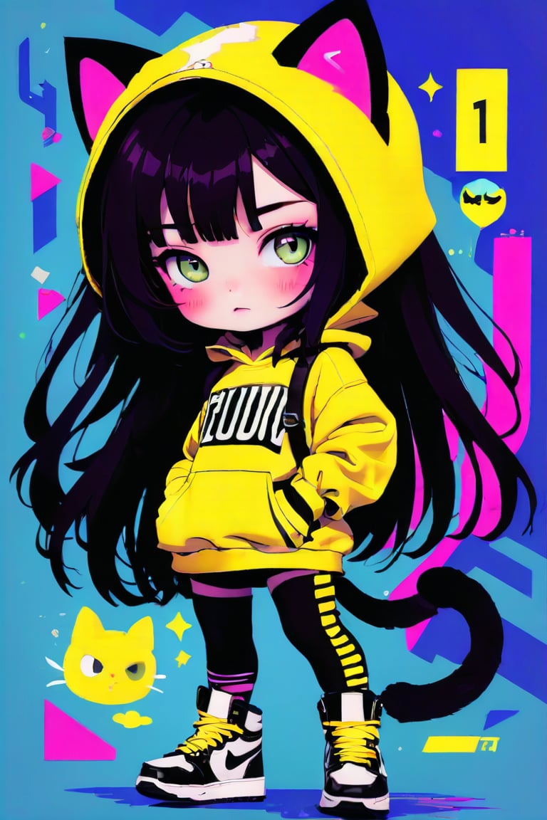 Taiwanese vtuber, 1girl, beautiful anime character, beautiful green eyes, air bangs, lollipop punk fashion, cute cartoon ello kitty shaped hoodie, cat earmuffs, pastel color clothes based on yellow and black , soft mood fashion, anime print shirt, gothic style tights, long combat boots, score_8, score_7_up, dal-7 style, blue mood, mood, modern art style, vspop, 2.5D three-dimensional style, illustration, ek_an1_b00ster,游戏原画,CG艺术风格,厚涂风格,角色插画