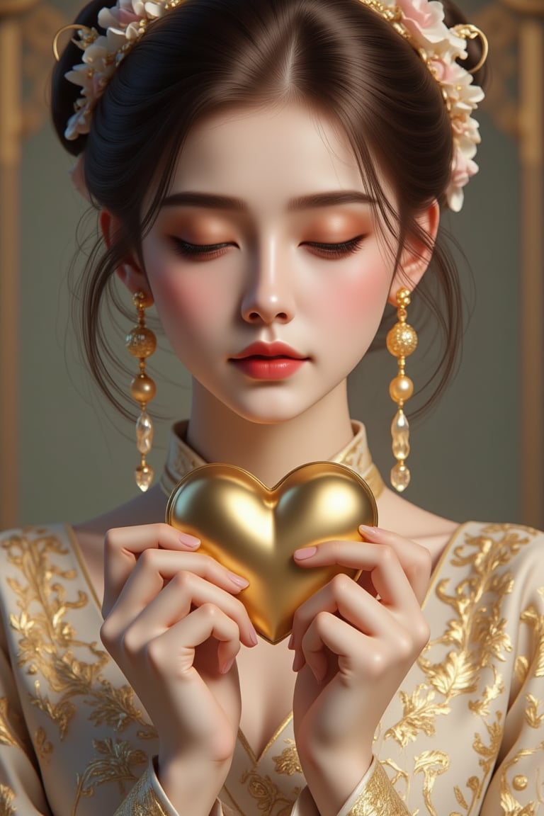 A beautiful and charming woman holds a heart-shaped gold heart in her hands (metal reflection).She sadly looked at the pur...