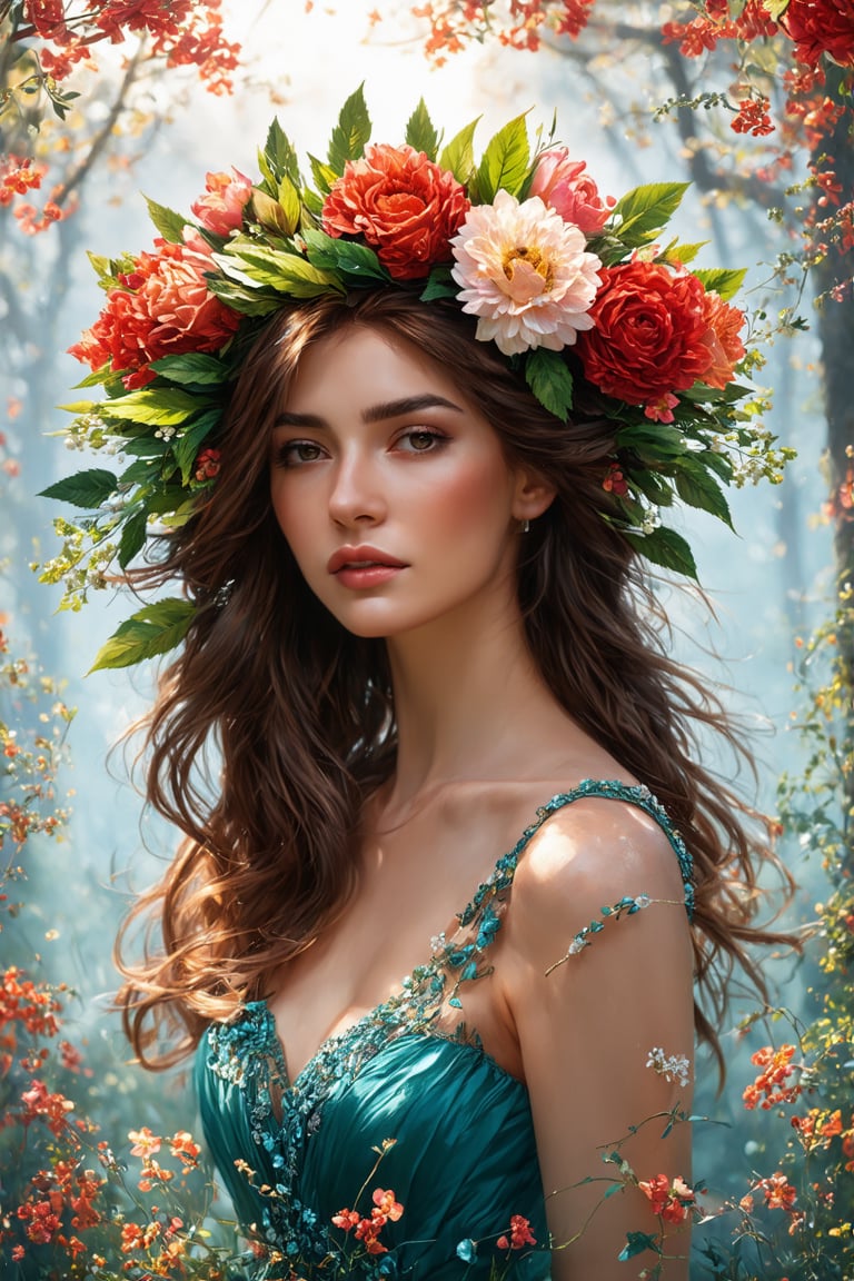 masterpiece,uhd,8k,ultradetailed,intricate,painting of a woman with a wreath of flowers and leaves in her hair (small size),karol bak uhd,beautiful fantasy art portrait,beautiful art uhd 4k,beautiful digital artwork,beautiful Gorgeous digital art, beautiful fantasy portraits, beautiful digital art, beautiful digital paintings, fantasy portrait art, fantasy art portraits, beautiful digital illustrations, beautiful character paintings, gorgeous digital art, more and better quality, light and shadow