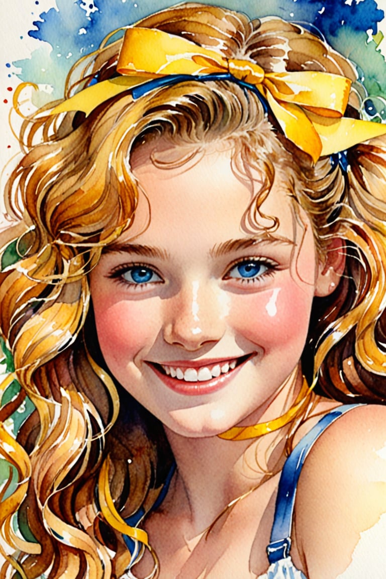 (Author Conrad Rosset), (1949s, 17-year-old girl, cute smile, blue eyes, long curly hair, yellow hair, white ribbon, wink), mixed color watercolor, drawing, (deliberately beautiful),,