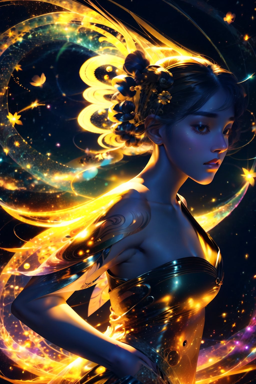 Close-up, 8K surreal fantasy world, a girl who is more beautiful than a Korean supermodel. She is wearing a beautiful alien costume, surrounded by various colorful bubbles, golden light, and braids flying. She is spinning in the air, with her left hand The light wave of the laser flower is emitted, and the light wave of the fire flower is in her right hand. Her beautiful long waves are flying with the whirl, and her clothes are also flying elegantly. The background is a starry black hole, light and shadow, fantasy and aesthetic art, shocking!whole body.