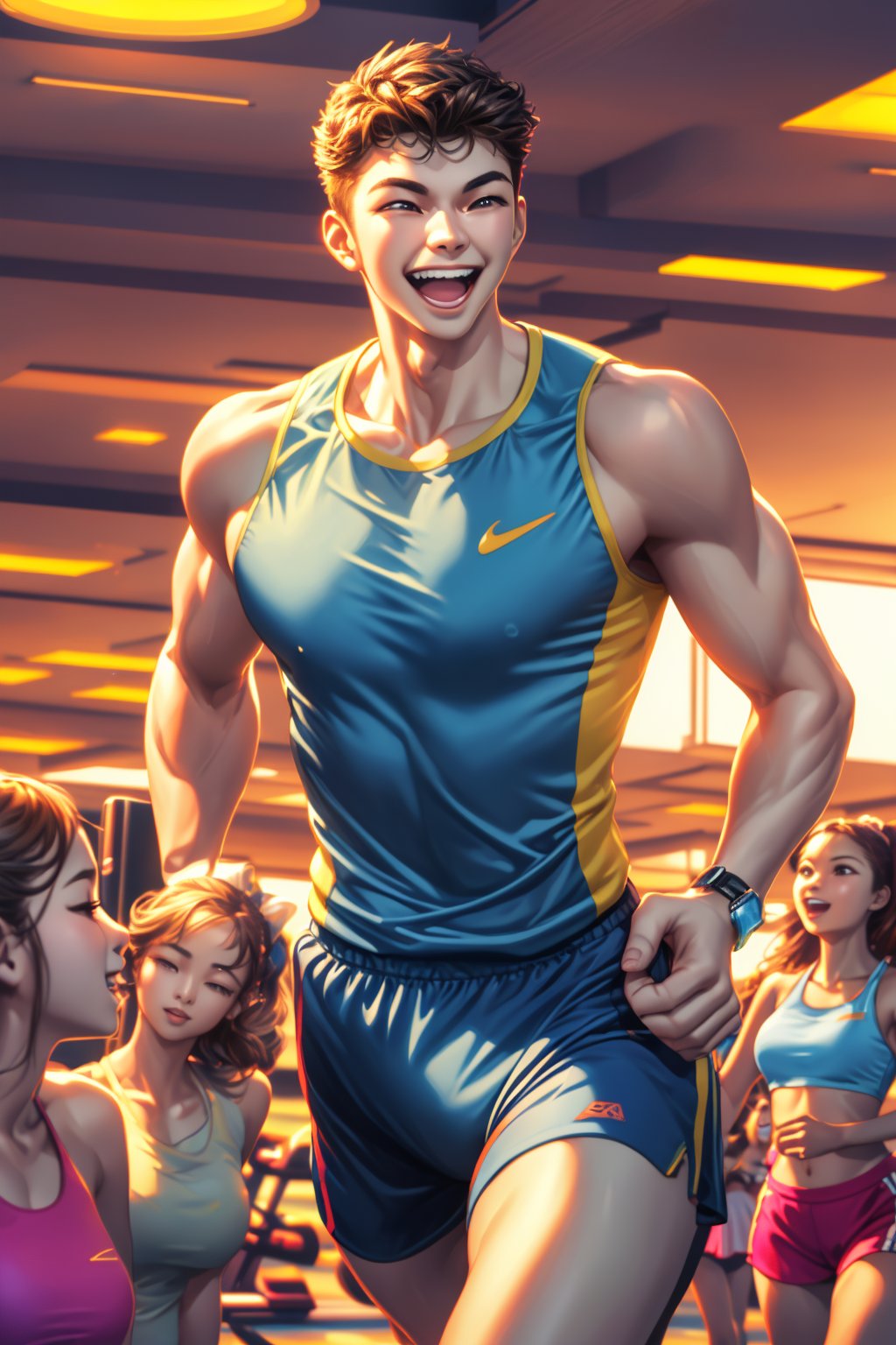 A high-quality 3D rendering masterpiece, showcasing a strikingly handsome Korean male supermodel, full of youthful energy as he jogs on a treadmill in a bustling fitness center. Sweat glistens on his skin, highlighting his dedication to fitness and his joyful demeanor. Dressed in a sporty top and shorts, his athletic form is accentuated by the dynamic lighting, casting soft yet defined shadows that bring out the depth of his sculpted features. Attracting the attention of several girls in the gym, they gather around him, eager to discuss fitness tips. His patient and engaging explanations create a warm and lively atmosphere, capturing a moment of shared enthusiasm and camaraderie in the vibrant fitness setting.