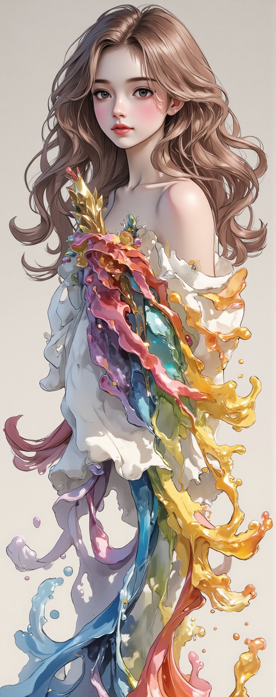Illustration of a beautiful and charming 19 year old woman with dream elements,  light red,  light black and rainbow cryst...