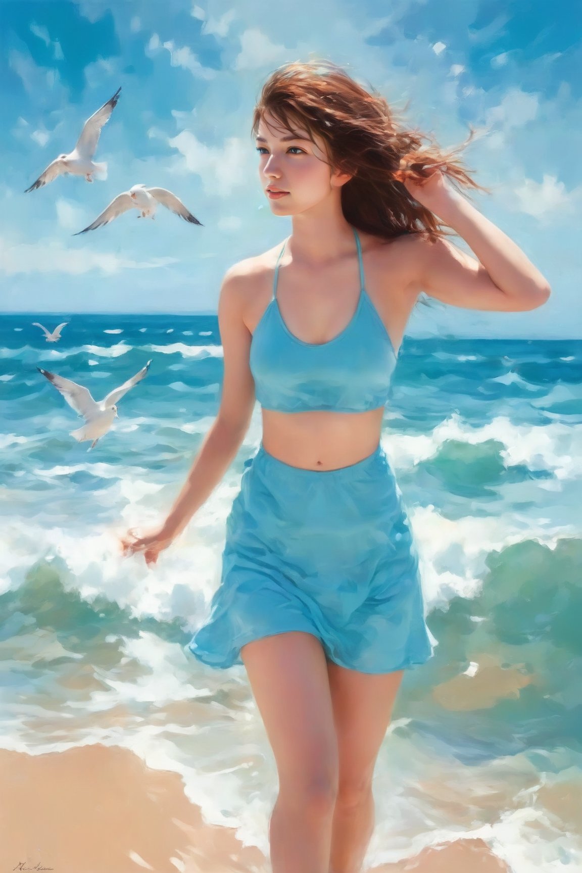 Painting depicting athletic female teenager, dynamic pose, joy, seagulls, crabs, seashells, strong ocean waves, blue sky, style of Paul Hedley, happy celebration of nature, Mark Large, Jessica DeRosen, vintage Aesthetics, Automatism, MediumTurquois, SkvBlue and Color Palettes.