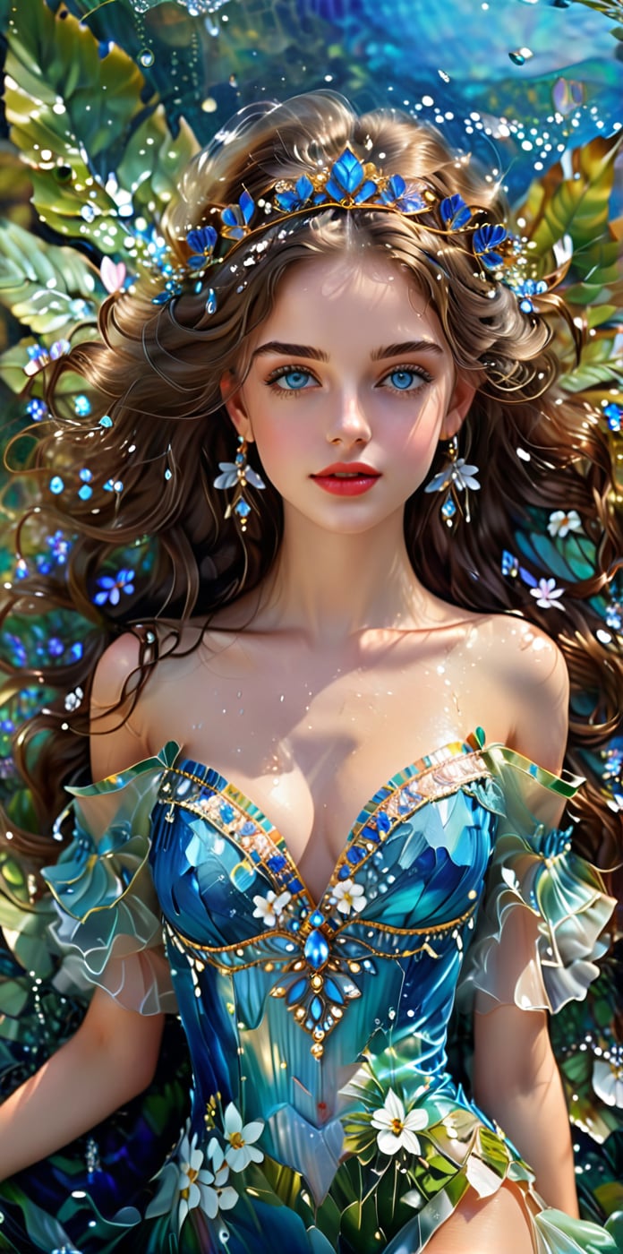 Masterpiece, HD, 8K, charming minimalist illustration of an 18-year-old girl. ((drawn from head to thigh)), low angle, delicate brushstrokes, long curly hair, high bangs, floral hair accessories, big and bright blue eyes, thin eyebrows, plump cheeks and lips, fair complexion, silk elegant. With a slender body, the painting emphasizes delicate colors. The girl shows off various poses of a professional model. The clothes she wears are beautiful and unique national costumes from various countries.
The background is water drops. The energetic, lively expression embodies the girl's magical presence. Feel. fractal art, glitter,Made_of_pieces_broken_glass,crystal pieces,liquid texture,broken particles,shards,BugCraft