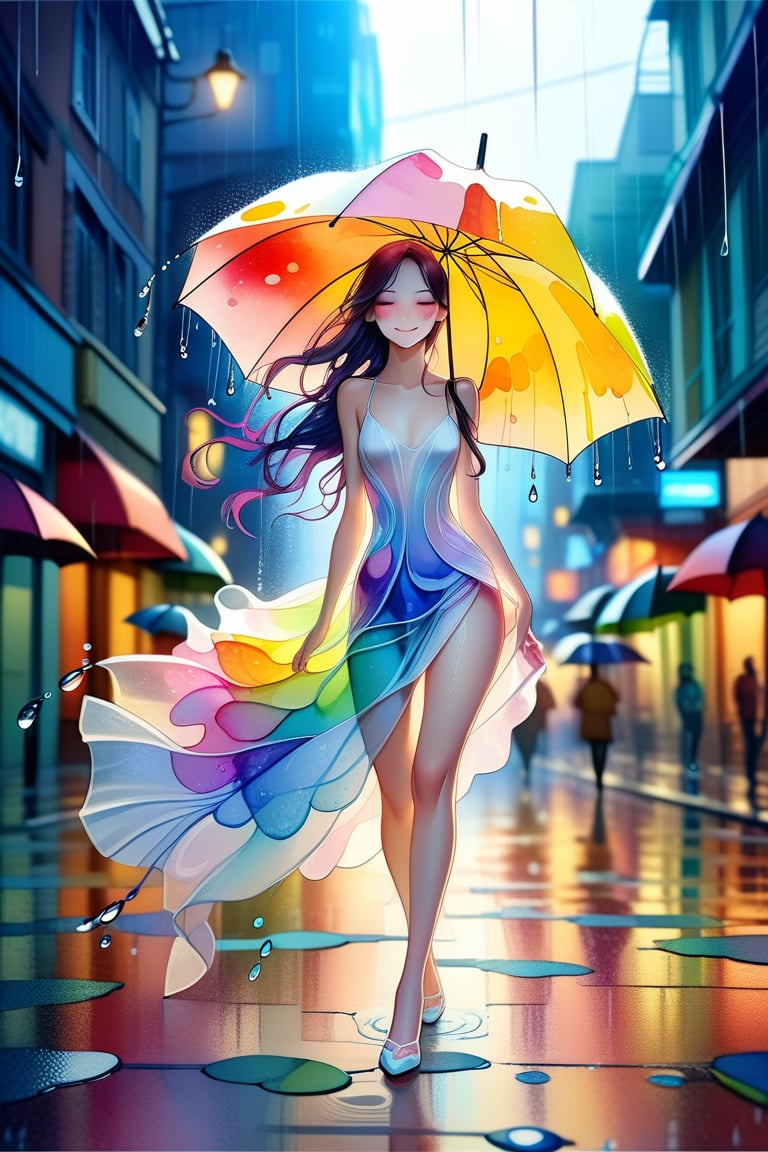 Watercolor style, delicate brushstrokes, a beauty with exquisite and perfect facial features wearing a white spaghetti-strap dress. She has a slender figure, holding a transparent umbrella, walking in the rain, the clothes are soaked by the rain, slightly translucent, making the body The curves are even more outstanding, with the beauty and helplessness of a wet woman. The light and shadow make the falling raindrops appear bright and colorful. The rain makes the woman's expression more smart, beautiful and vivid, and she smiles. More reasonable details, photography and watercolor fusion design.