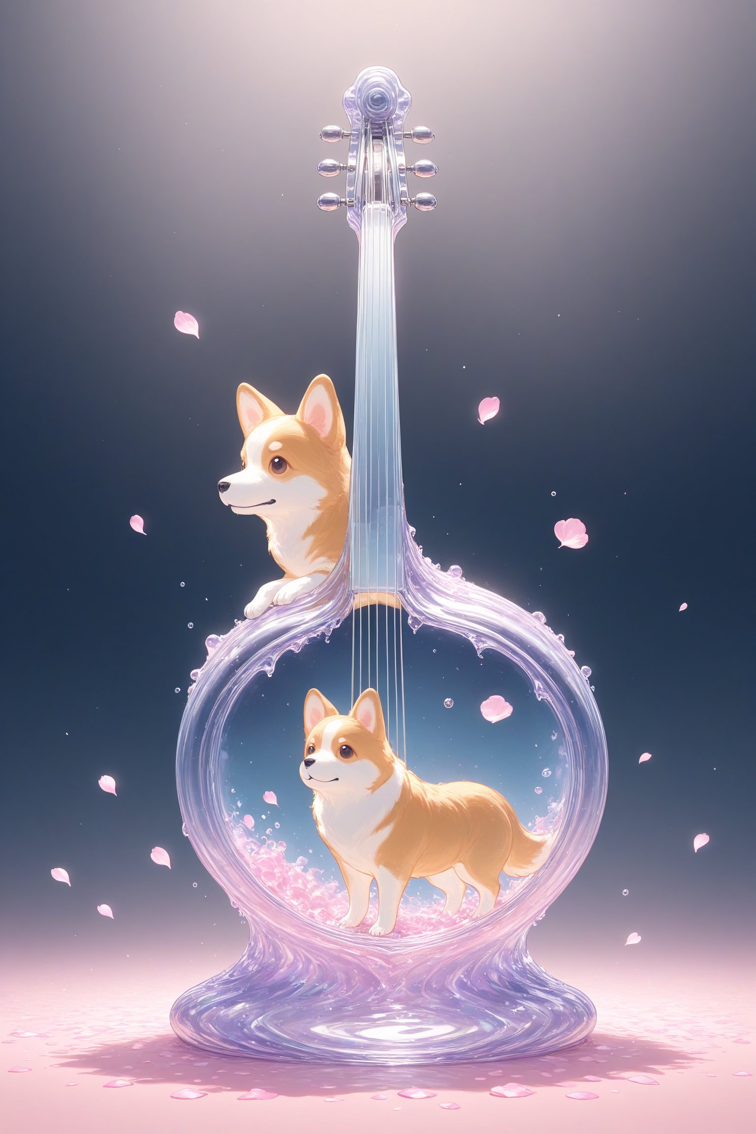 {Elegant crystal glass cello with beautiful curves filled with marbled pink and white liquid forming the shape of a corgi dog. Dogs have hair and texture. Smooth animal silhouettes with wavy dynamic movement. Pastel petals float around the vase. }