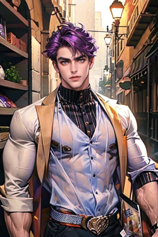 A boy is facing the camera, with thick eyebrows, big purple-brown eyes (eyelashes are long and dense), and healthy wheat-colored skin. (see through) He has chest muscles and his hair color is purple and black. His clothes are always fashionable and fashionable. He is 183 cm tall and weighs 75 kg. Light and Shadow (Vision).