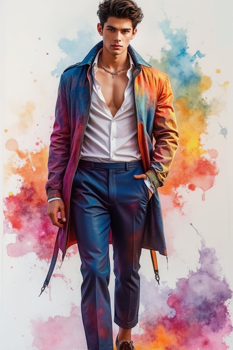 A beautiful European emo handsome guy, tall and sexy, with a well-proportioned figure, wears fashionable clothes exuding a casual yet elegant aristocratic feel. The artwork, created with watercolor and gouache splashes, showcases masterpiece quality and stunning imagery. 128K resolution captures colorful light wavelengths, mesmerizing reflections, and the beautiful gouache sketch in the center. The modern art style highlights beauty and sophistication.