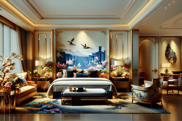 Luxurious interior design scene, the living room and the room have a transparent crystal wall as a partition, and the spacious room is equipped with elegant, high-style furniture. It includes a luxurious bed with bedside table (the bedding is made of high-grade silk), sofa, tea table, chairs, luxurious bookshelf, and out-of-print books. Paintings by ancient Chinese masters, stylish lamps, lush potted plants, large plasma TVs and expensive, sophisticated coffee tables. The color system is mainly blue. The flowers grown in decorative pots change every day: they are all bright and lively, making the room appear more vibrant. Luxurious, soft lighting should create a warm, inviting atmosphere and highlight the rich textures and fine details of the furniture. Between the living room and the rooms, there is a staircase in the corner of the living room that leads to the high-ceiling rooms above. Those are studios, all designed to be luxurious and technological. It also has an elegant taste. The owner also loves birds and keeps different birds. There is a bird garden dedicated to raising birds, which has trees, grass, and equipment needed by various birds. The composition should be balanced and capture a tranquil yet gorgeous atmosphere. High-quality official art style demonstrates meticulous attention to detail and flawless execution. Light and shadow allow each object to be expressed in the highest quality detail. Light and shadow. Movie high quality photography effects. Solo, unparalleled masterpiece.