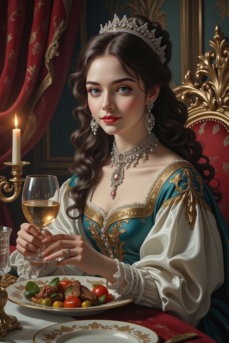 A Young Countess Seated at Dinner - A sumptuous French dining room in the early 1600s,  adorned with velvet drapes and orn...
