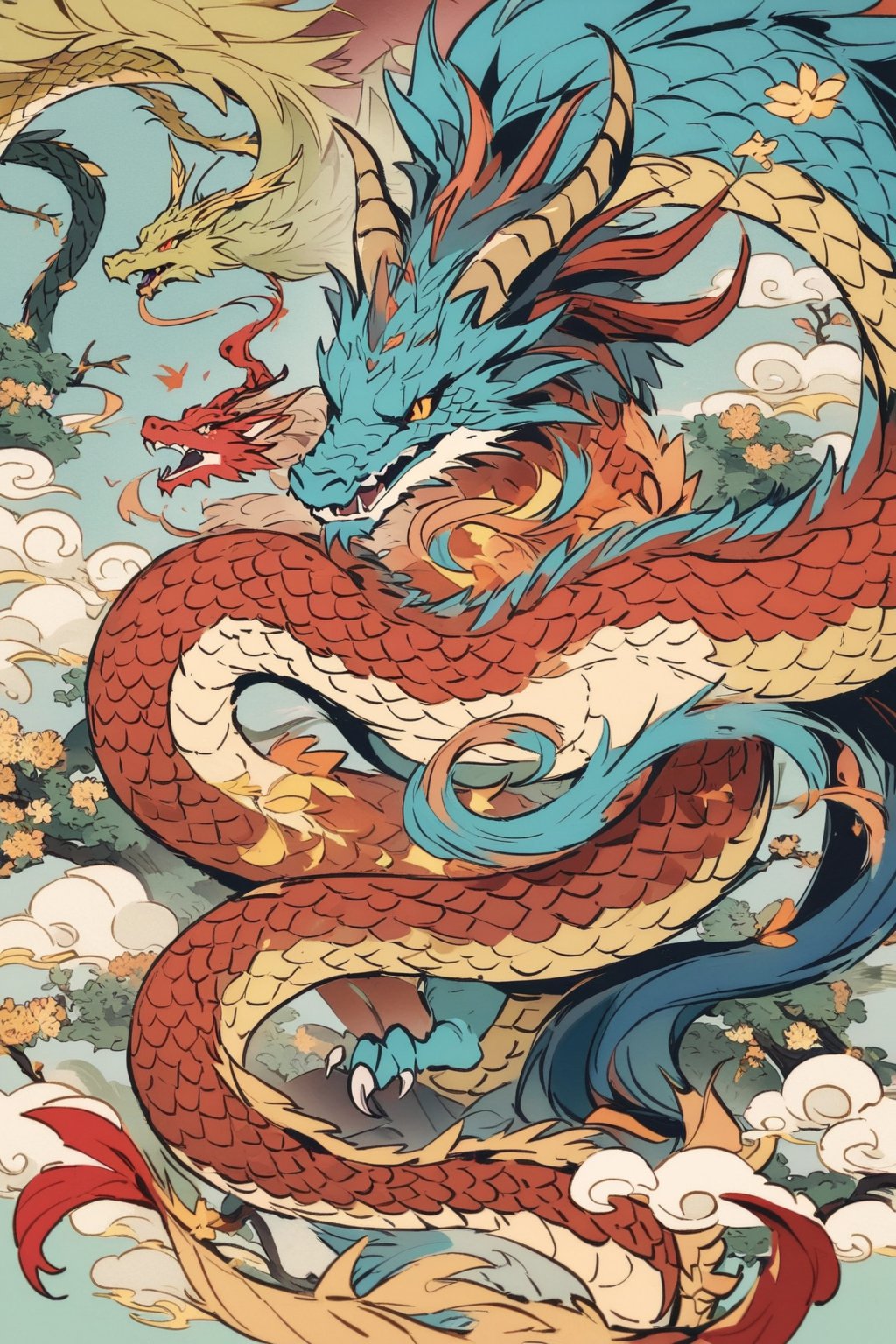 There are 5 Chinese dragons surrounded by flowers. Among these 5 dragons, one is a golden dragon, one is a bank dragon, one is a copper dragon, one is a cyan dragon, and one is a red dragon. The dragon body is like a snake. Long and curly body, beautiful image, dragon skin has scales, beautiful dragon color, dragon has horns, (elegant), traditional Chinese image aesthetics, mythical creature