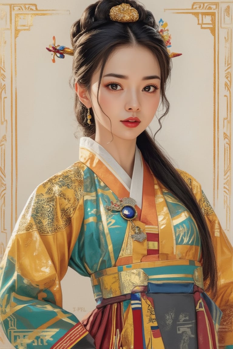 A beautiful European beauty, tall, sexy, and well-proportioned, wears ancient Korean-style clothes and a popular hairstyle. She embodies the casual, practical clothing and customs of ordinary people. The artwork, meticulously depicted in inks, pastels, and lacquers, showcases lifelike quality and masterpiece status. Full Body Display at 128K resolution captures colorful light wavelengths, mesmerizing reflections, and a delicate oil sketch in the center. Ancient art styles highlight beauty and sophistication.