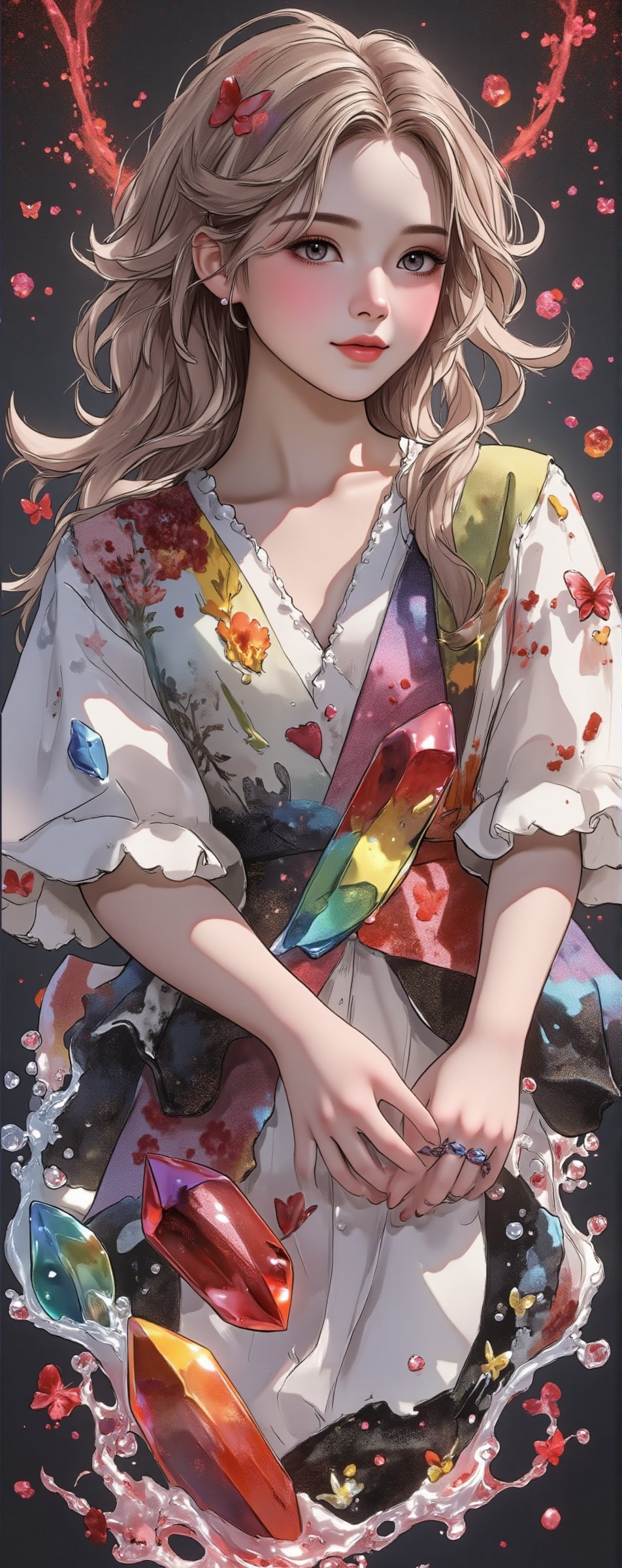 Illustration of a beautiful and charming 19 year old woman with dream elements,  light red,  light black and rainbow cryst...