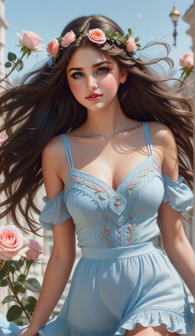 Close-up, young girl with light blue eyes, long thick eyelashes, she looks like 18-year-old Selena Gomez, with messy hair, full body shot, wearing beautiful casual clothes, standing, beautiful Wearing pretty little dresses and casual outfits in all colors are on trend, and she dances to the music and looks happy. There is also a big bouquet of roses in her hand, with braids of roses flying in the air, which is extremely beautiful. High quality. Modifiers: Alphonse Mucha, boris valejo dedecent illustration, Anne Boonchuy, art_booster, BlackworkStyleManityro, WOWAI, Expressiveh, Apoloniasxmasbox