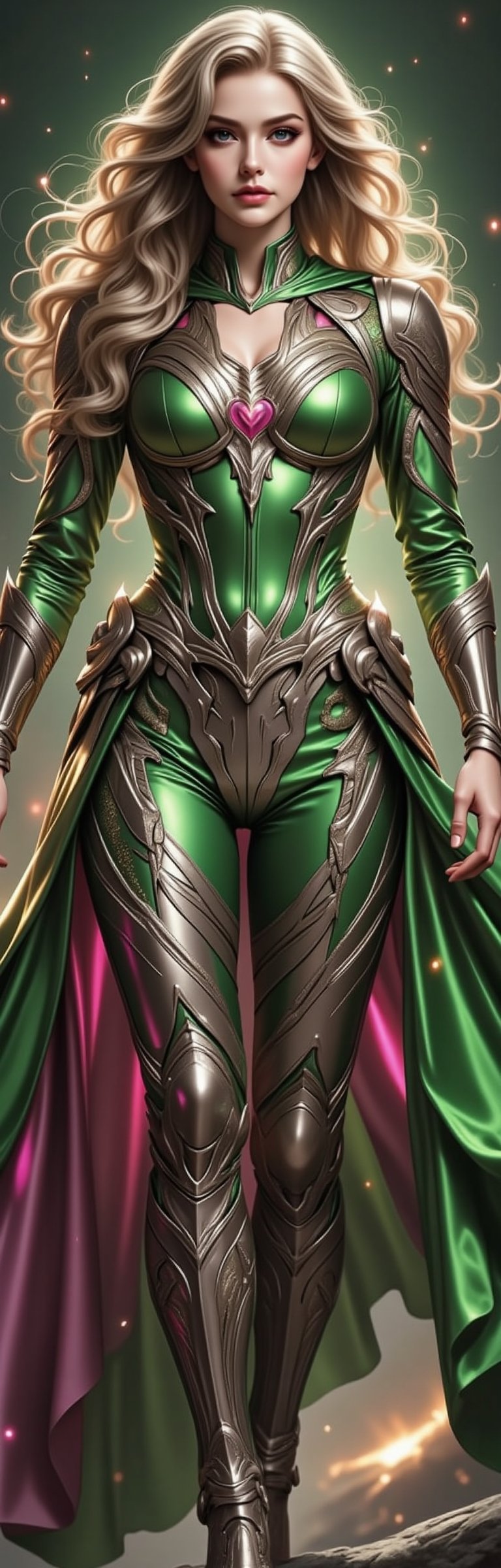 (Extremely detailed 128k wallpaper),  full body photo of superpower superwoman in silver and green,  she is beautiful by A...
