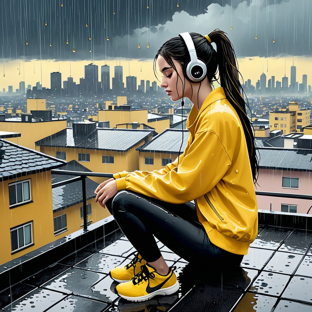 A melancholy young woman with a long ponytail sits alone on a roof soaked by heavy rain, immersed in the soothing melody coming from her headphones. Yellow and black tones dominate the scene, evoking a Lofi atmosphere. In the distance, the cityscape is filled with urban life, which contrasts sharply with her peaceful reverie. The sound of raindrops hitting the pavement creates a peaceful accompaniment as she gently sways to the beat.