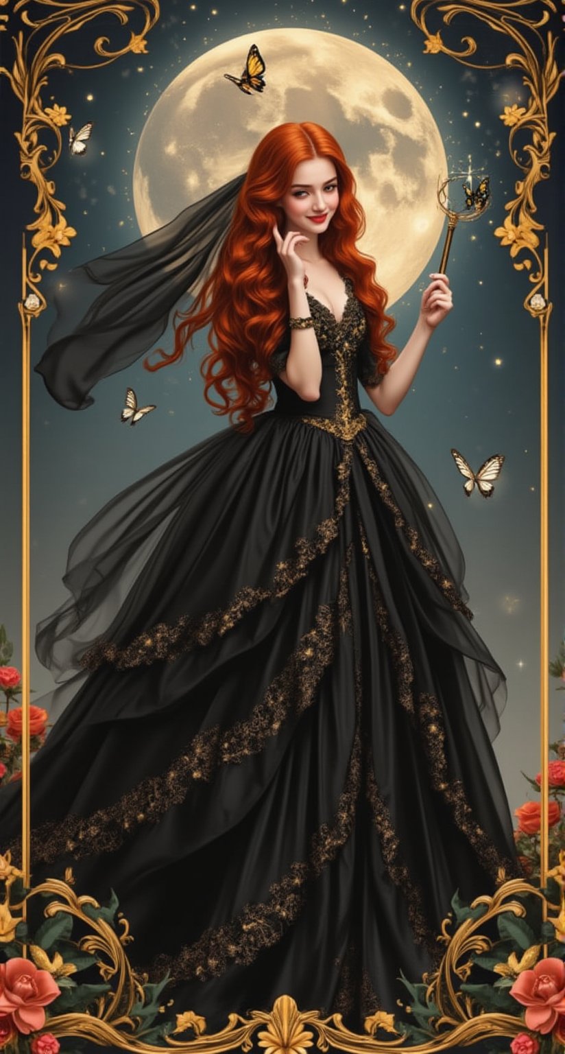 A beautiful and charming French witch girl with a charming smile, with long random red wavy hair, wearing a black lace layered dress made of soft velvet material. The dress is embroidered with star patterns and has an elegant texture. The background is simple with a double exposure of a moonlit scene within a star shape. She holds a magic wand in one hand and puts the other to her cheek and smiles. It uses multiple effects, random focus and depth of field, and is surrounded by glowing butterflies and small flowers. The slender frame decoration creates a bright atmosphere. ,Fantasy Girl,VNS_Add more details,colors,new rococo art.