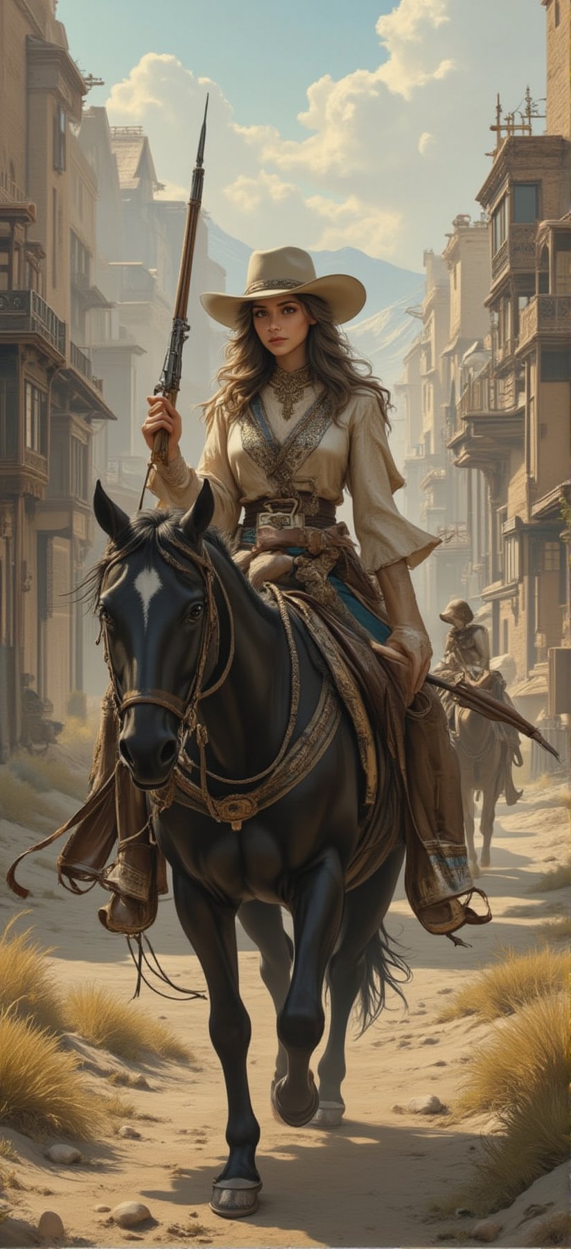 On the journey to expand the wilderness, a beautiful and charming American girl was wearing a cowboy outfit from the 1881 AD era. She had two mid-length guns and a cowboy belt on her belt. She also had a magazine on her belt. She was wearing a cowboy hat because the sun was very bright. But her facial features are exquisite and three-dimensional, her face, tall and well-proportioned figure look beautiful in jeans, and her identity is very mysterious. That era was very barbaric and life was difficult, so her white and tender skin attracted everyone's attention. Everyone is coveting her beauty, but her spear skills are very good and she has martial arts, so everyone only dares to look at her. A girl is riding a black horse. She is very strong. She is holding the horse's rope and walking. Walking through the villages and towns, the landscape of the villages and towns is still very distinctive with retro western-era buildings and desolate landscapes. Cowboy shooting, westernism. American retro art. Brutalist style.