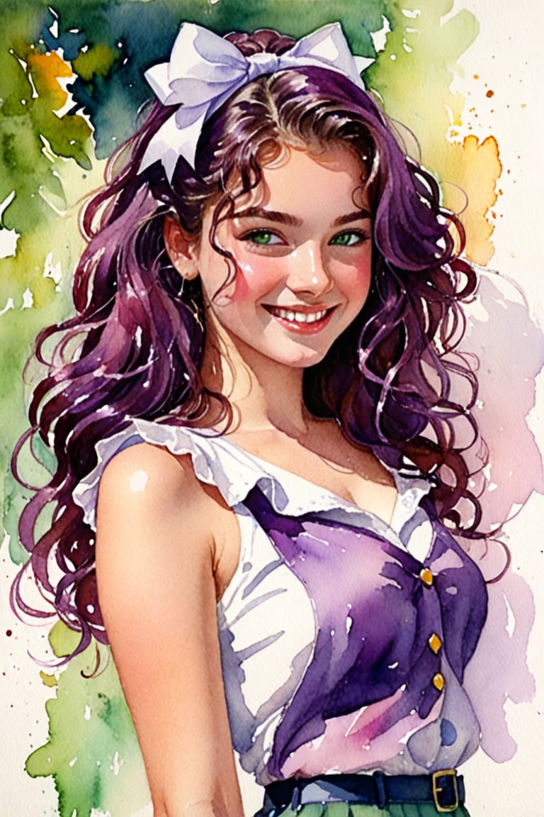 (Author Conrad Rosset), (1949s, 17-year-old girl, cute smile, green eyes, long curly hair, p(Author Conrad Rosset), (1949s, 17-year-old girl, cute smile, green eyes, long curly hair, purple hair, white ribbon, wink), mixed color watercolor, painting, (deliberately beautiful), Full body, carrying a small handbag.urple hair, white ribbon, wink), mixed color watercolor, drawing, (deliberately beautiful),