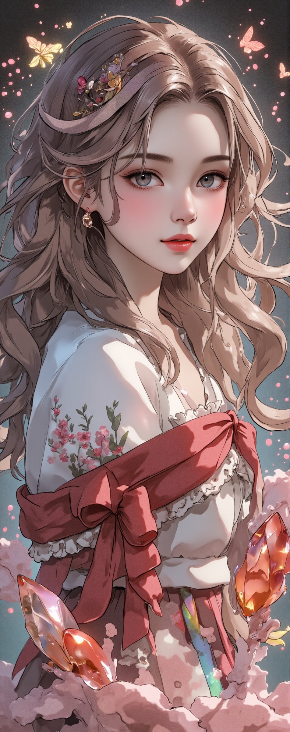 Illustration of a beautiful and charming 19 year old woman with dream elements,  light red,  light black and rainbow cryst...