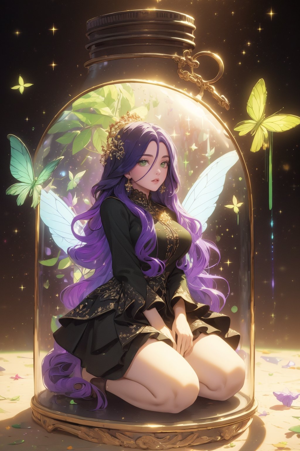 (Masterpiece, best quality, high resolution: 1.6), (Beautiful big green bright eyes, long thick eyelashes, black and purple fusion silky long curly hair, hair between the eyes, 1girl, perfect proportions figure)
Black bottom, whole body, kneeling, white skirt, long skirt, inner bottle, glass, flowers, trapped, jar, fairy, wings, light and shadow, beautiful space visual design. Beautiful rainbow glitter in all the space in the background. Extremely beautiful.