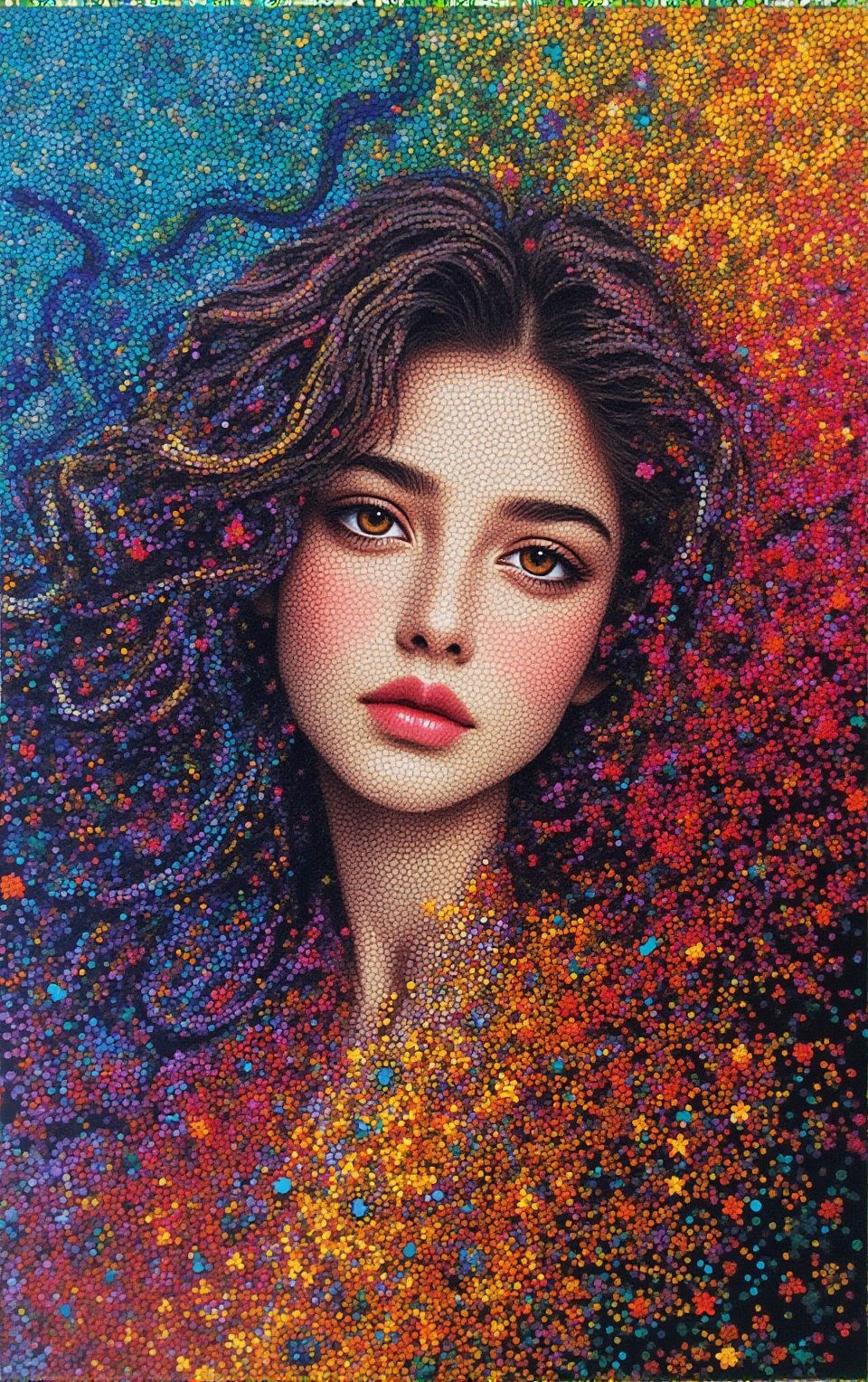 An pointillist masterpiece composed of thousands of meticulously placed dots in a vibrant array of colors. The image bursts into life with patterns and shapes that seem to dance across the canvas. Each dot contributes to a larger, intricate mosaic, creating an ethereal sense of depth and texture. At the center, a woman gazes intently at the viewer, her eyes reflecting a myriad of emotions. The colors blend and contrast around her, forming swirling patterns that evoke the beauty of the girl. The overall effect is both calming and stimulating, inviting viewers to get lost in the myriad of details and the overall harmony of the composition.