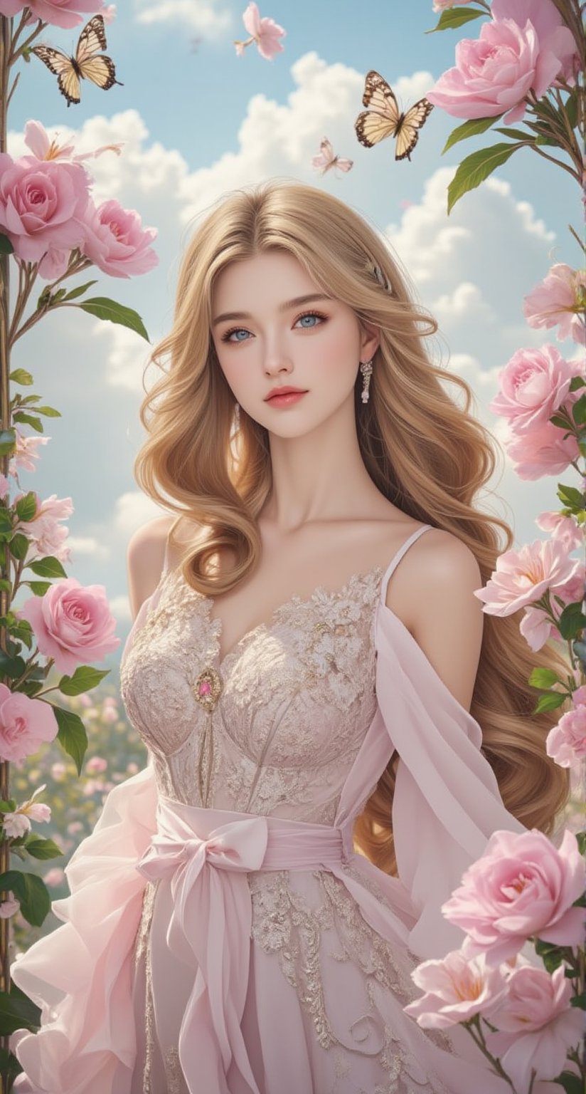 A beautiful and charming British girl, with beautiful long wavy golden hair, soft brilliance, gentle and graceful bright blue eyes, light and graceful movements, elegant and dignified manners, gentle and kind smile, and flowing lines, showing the feminine Delicate emotions and gentle temperament. Beautiful on trend wavy lace dress. Swinging in the wind. Extremely beautiful. Animation and Rococo Art. Excellent super high quality. The sky is filled with bright butterflies and all kinds of bright flower braids. light and shadow.