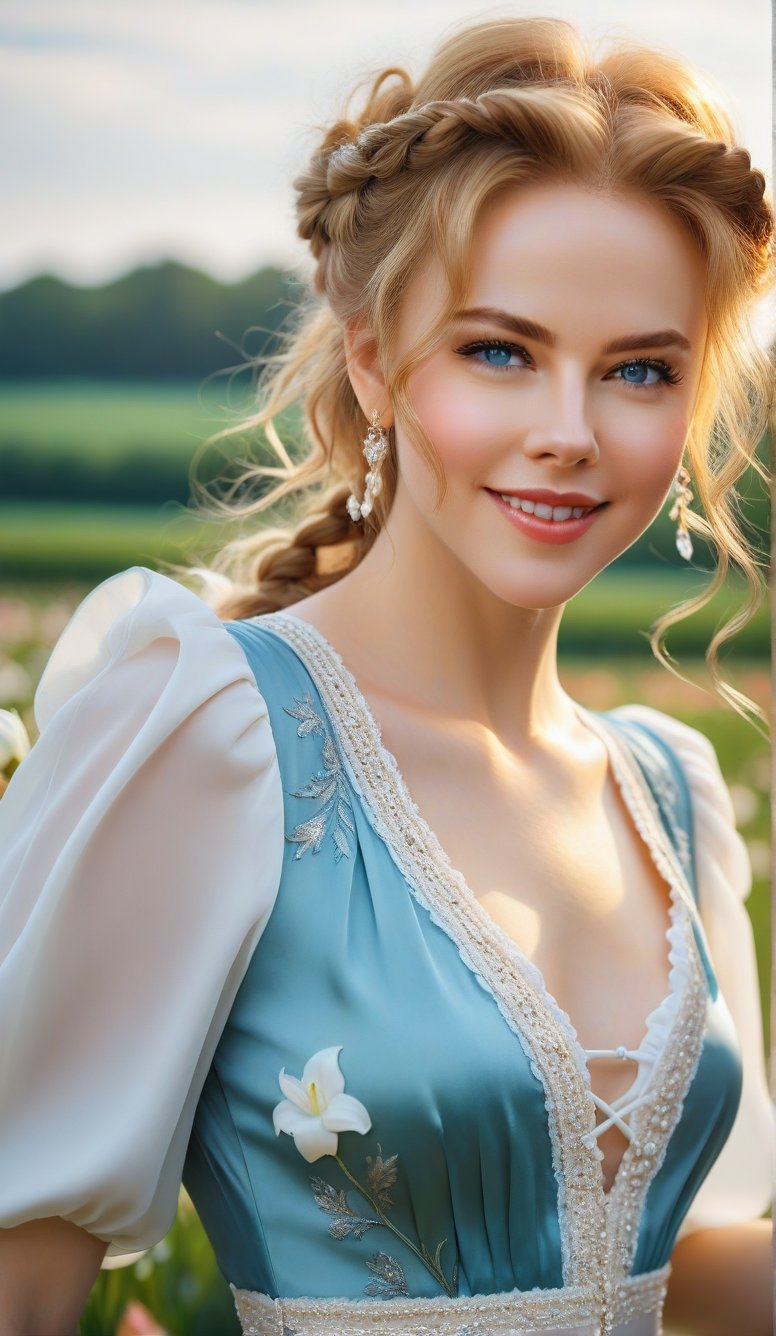 Close-up, young girl with light blue eyes, long thick eyelashes, she looks like 18-year-old Nicole Kidman with messy hair, full body shot, wearing satin pants, standing, beautiful in various colors Wearing beautiful little dresses and casual wear in popular styles, she danced to the music and looked happy. There are also braids of lilies all over the sky, which are extremely beautiful. High quality. Modifiers: Alphonse Mucha, boris valejo dedecent illustration, Anne Boonchuy, art_booster, BlackworkStyleManityro, WOWAI, Expressiveh, Apoloniasxmasbox