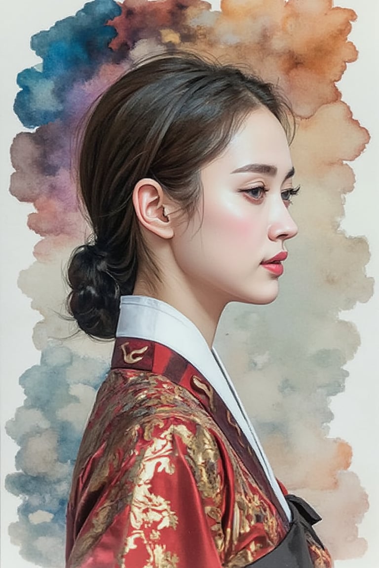 A beautiful European beauty, tall, sexy, and well-proportioned, wears ancient Korean-style clothes and has a hairstyle popular in the ancient Korean dynasty. She exudes a sense of fashionable aristocracy and customs, casual and elegant. The artwork is meticulously and realistically depicted in watercolor and gouache, displaying lifelike quality and masterpiece status. 128K resolution captures colorful light wavelengths, mesmerizing reflections, and the delicate gouache sketch in the center. Ancient art styles highlight beauty and sophistication.