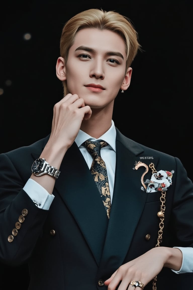 Anime-style solo singer depicted as an unkempt man with French gentleman aesthetics. Short hair, eyeliner, and rococo makeup embody moody nobility. Wearing a chic black and white suit, dragon gold-patterned tie, titanium watch, earrings, and luxurious silver lapel pin chain. A floral handkerchief peeks from his chest pocket, highlighting his soft blonde hair, sharp blue eyes, long legs, and tall, handsome figure. The scene captures the essence of rococo chic, blending refined details with elegance and avant-garde. Full body. Sometimes you sit, sometimes you stand sometimes you lie: