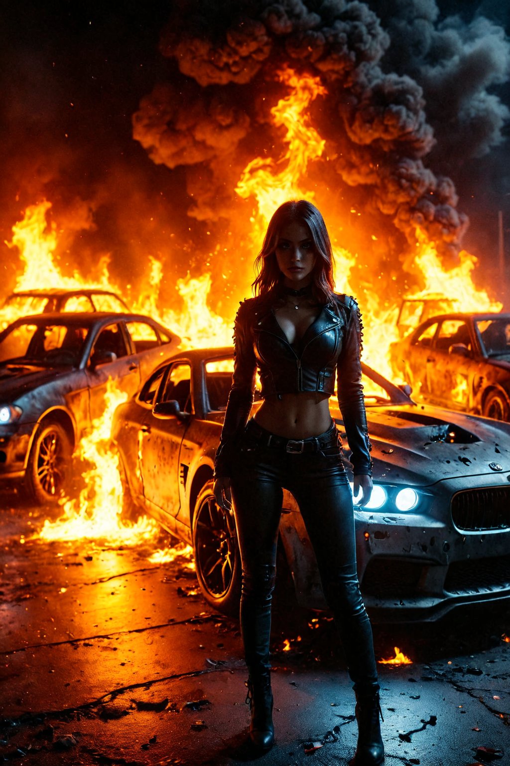 Ghost rider super cars, girl standing in front cars,fire light on the girl 