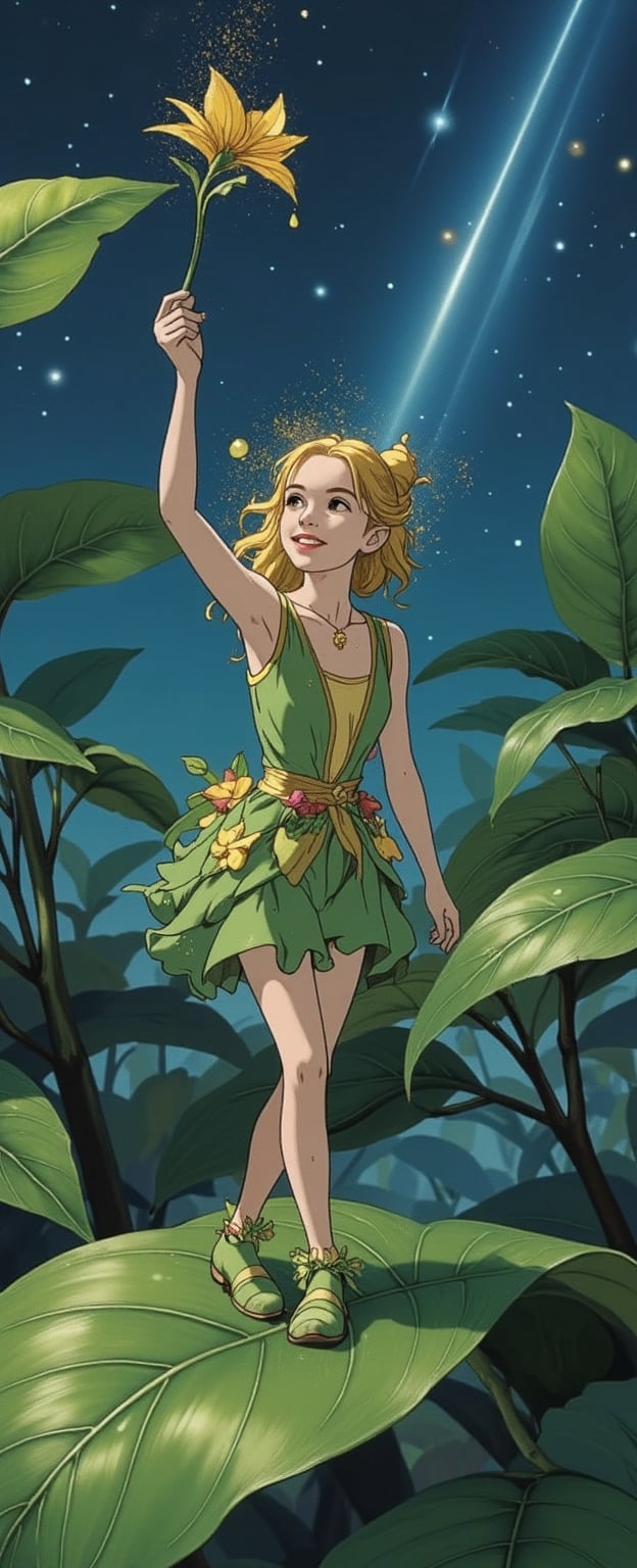 In the jungle. On a large leaf,  there is a cute little female elf. She is wearing flower clothes and shoes made of small...
