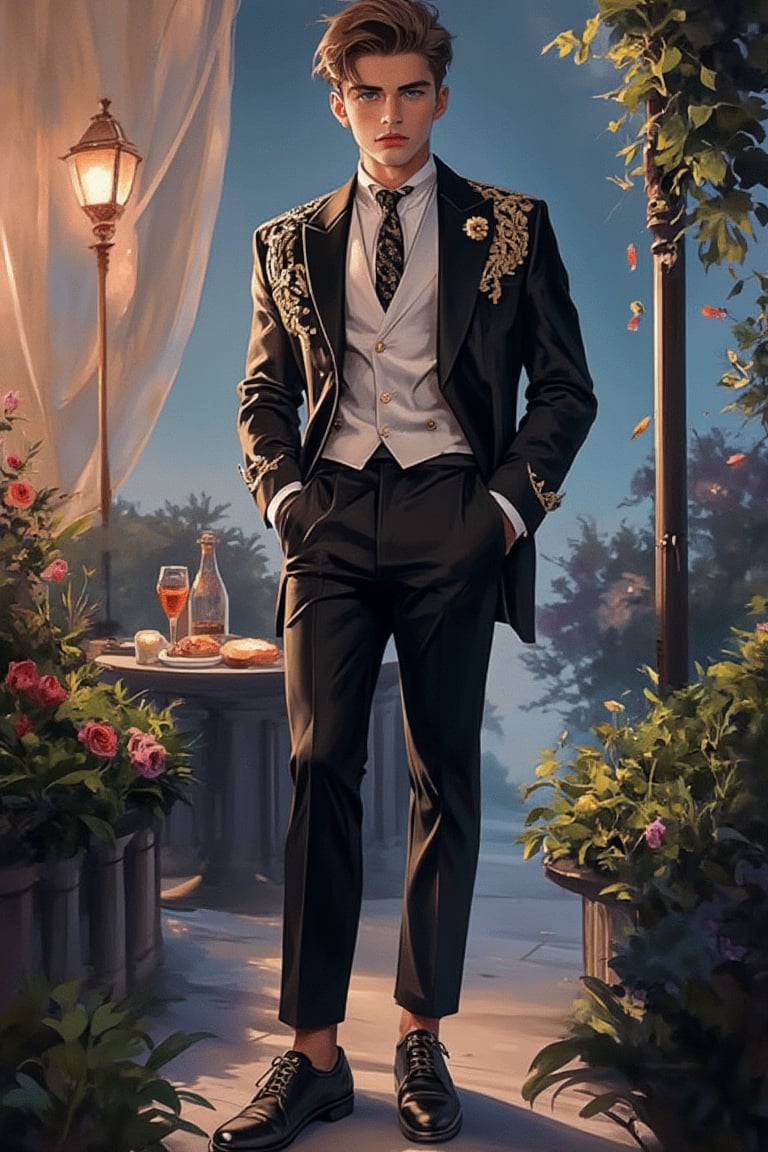 Emo handsome European guy with a tall, sexy, and well-proportioned figure, wearing fashionable clothes to attend a high-end cocktail party, exuding a luxurious and elegant aristocratic atmosphere, inspired by the most popular Paris and Italian fashions. Artwork meticulously and realistically depicted in watercolor and gouache, displaying lifelike quality and masterpiece status. 128K resolution captures colorful light wavelengths, mesmerizing reflections, and delicate gouache sketches of his entire body. Modern art style highlights beauty and sophistication.