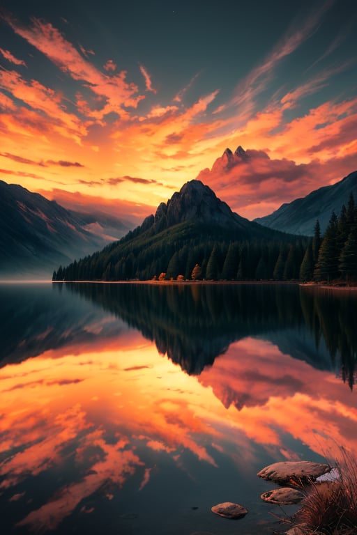 pic of a magnificent sunset over a mountainous landscape, where the high peaks are bathed in a golden light and the sky is painted with soft shades of orange and pink. The clouds extend in dramatic shapes, criando uma cena deslumbrante e serena. No primeiro plano, There is a tranquil lake reflecting the beauty of the sky, while silhouetted trees add a touch of mystery to the landscape. The balanced composition and vastness of nature captured in a convey a sense of calm and wonder at the grandeur of the natural setting. 