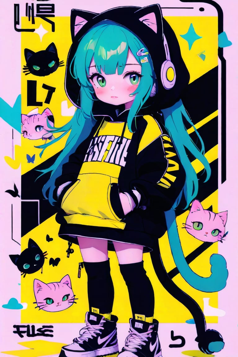 Taiwanese vtuber, 1girl, beautiful anime character, beautiful green eyes, air bangs, lollipop punk fashion, cute cartoon ello kitty shaped hoodie, cat earmuffs, pastel color clothes based on yellow and black , soft mood fashion, anime print shirt, gothic style tights, long combat boots, score_8, score_7_up, dal-7 style, blue mood, mood, modern art style, vspop, 2.5D three-dimensional style, illustration, ek_an1_b00ster,游戏原画,CG艺术风格,厚涂风格,角色插画