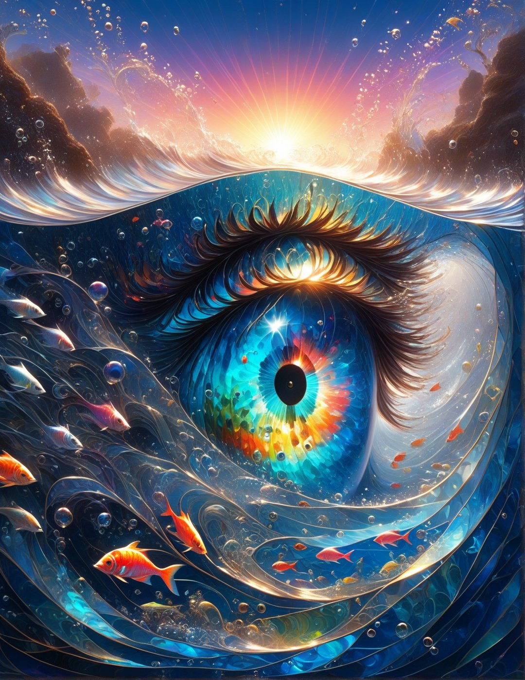 symphony, beautiful female enjoying music, playing with an exotic fish, ((Vibrant depictions of sound wawes)) waves forming music notes, colorful marine creatures, water bubbles, symphony, sweet expression, symphony of waves, sea melodies, surrounded  by waves forming intricate sonic patterns, wide angle, vivid colors, 8k, inspired by Michael Cheval, beautiful eyes, perfect hands, beautiful face + symmetrical face,  highly detailed, intricate complexity, juxtaposing, epic composition, magical atmosphere + masterpiece, perfect hands+five fingers hands, (intricate detail), (super detailed), 8k hdr, high detailed, soft cinematic lighting, atmospheric perspective,ray tracing, underwater world background,ray tracing, perfec teyes, 8K, Film Poster, Her iridescent scales shimmer with a pearlescent glow, perfecteyes, absurdity, Magical Fantasy style,d1p5comp_style