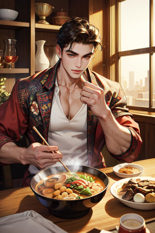 A handsome boy with thick eyebrows, beautiful eyes (eyelashes are very long and thick), and healthy wheat-colored skin. The body proportion is 1:8. He was hungry, so he ordered a takeaway: a popular dish in ancient China: meat brown (cooked rice with meat, mushrooms, eggs and scallops). He put the meat brown in the bowl, {He is 183 cm tall and weighs 75 kg. }He came home and put on casual clothes, sat at the dining table, and was about to eat with a pair of chopsticks. Looking at the audience and smiling, it seems to be saying: Do you want to eat too? The light and shadow, the lines of the characters are vivid and vivid. light and shadow. masterpiece. Highest quality. Realistic. photography.